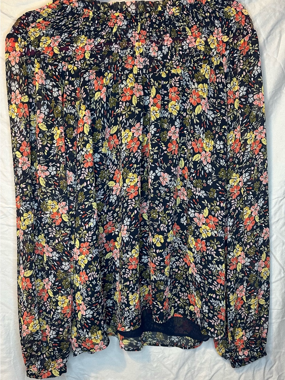 LOFT Floral Smocked Neck Blouse with Coral & Yellow Flowers